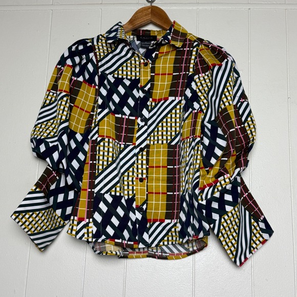 Gracia Womens Mixed Plaid Patchwork Puff Sleeve Button Down Blouse Size M - Picture 5 of 10